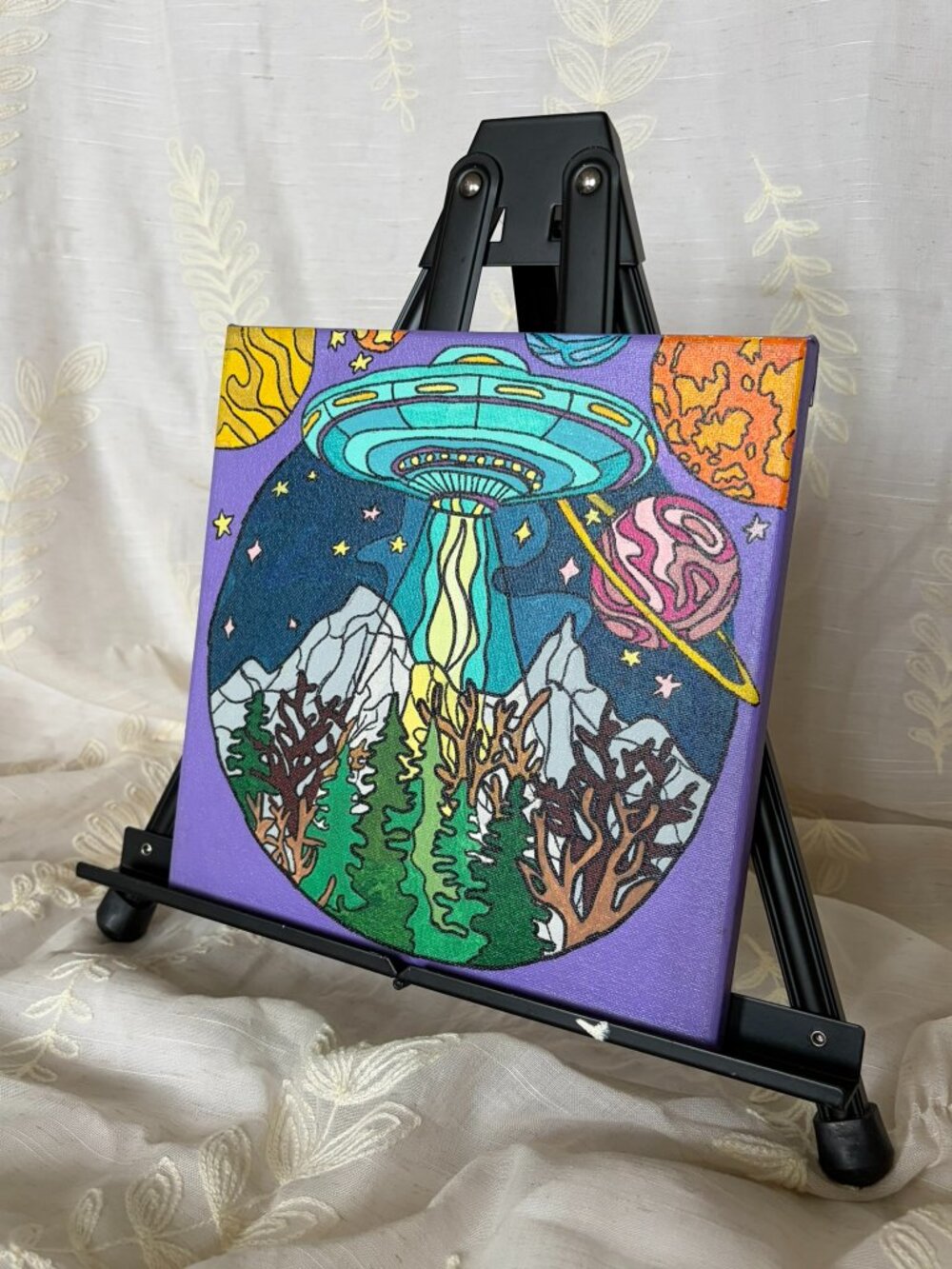 Hand Painted Colorful UFO Mountain Acrylic Canvas 10x10